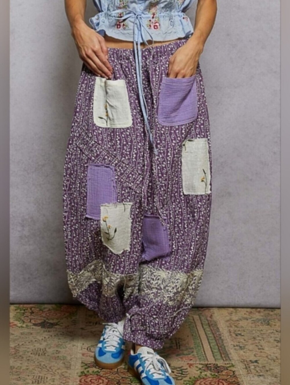 POL Cotton Boho Patchwork Gauze Pants — Purple & Cream NEW